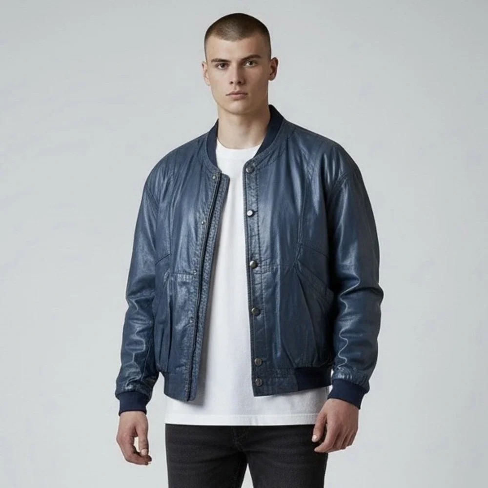 VTG Moreschi Italy LambSkin Navy‎ Bomber Jacket Men XL Embroidered Details Moto